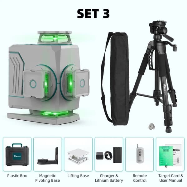 Decteam 4D Laser Niveau, Fire 360° Grøn Laserlinjer, IP54 Vandtæt Design,SET-5