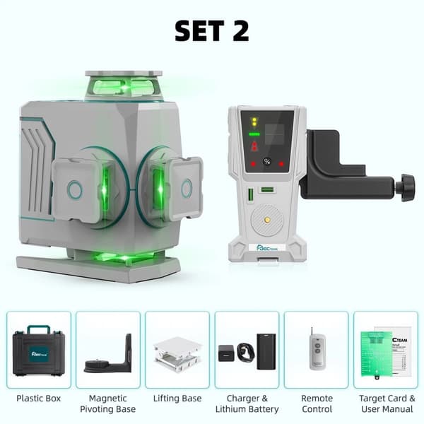 Decteam 4D Laser Niveau, Fire 360° Grøn Laserlinjer, IP54 Vandtæt Design,SET-5