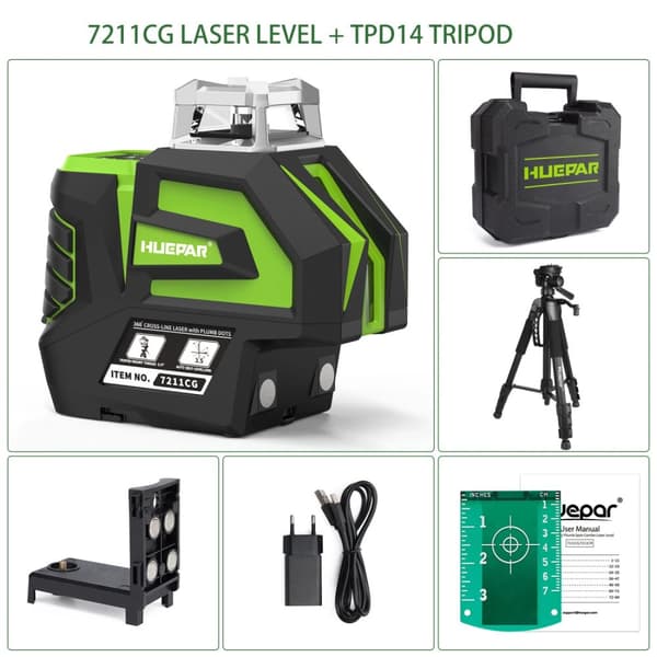 Huepar 360° Grøn Laser Niveau, Høj Præcision ±1/9" ved 33 Ft, IP54 Vandtæt,Med stativ