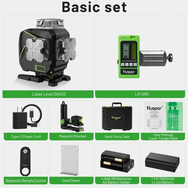 Huepar Laser Niveau, 4D 16 Linjer, Bluetooth & Fjernbetjening,niveau med detektor