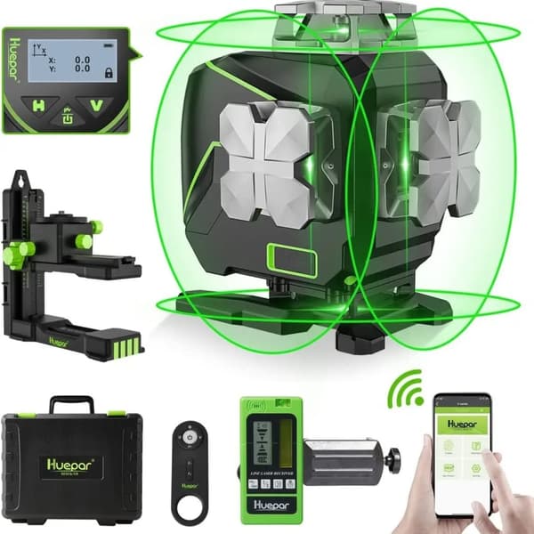 Itse tasoittava laseritason, 4x360° vihreä säde, 16 viivaa tarkkuutta varten,Vastaanotinlaser