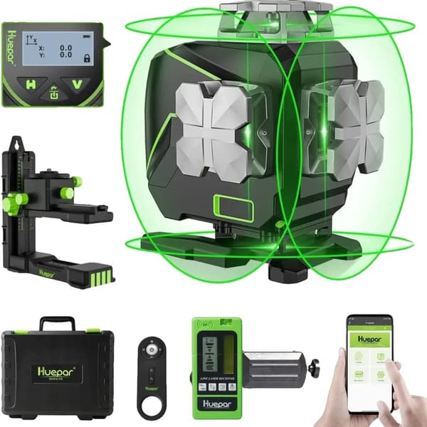 Itse tasoittava laseritason, 4x360° vihreä säde, 16 viivaa tarkkuutta varten,Vastaanotinlaser