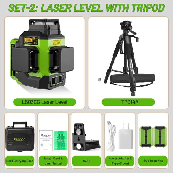 Huepar Laser Niveau, 12 Linjers Projektion, 5200mAh Batteri,SET-1 med modtager