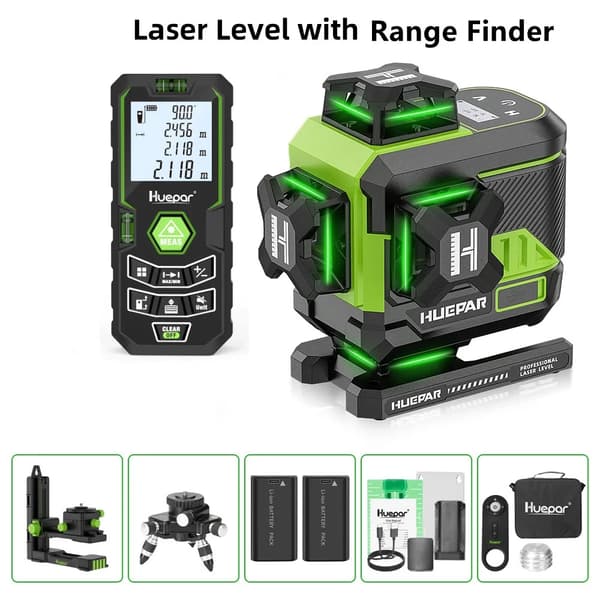 Huepar Laser Niveau, 4x360° Grøn Stråle, Fjernbetjeningsfunktion,SET-6