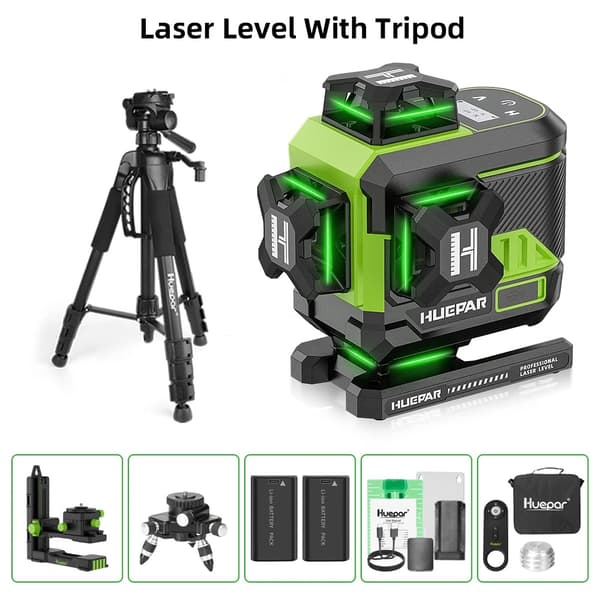 Huepar Laser Niveau, 4x360° Grøn Stråle, Fjernbetjeningsfunktion,SET-6