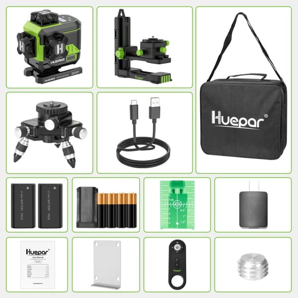 Huepar Laser Niveau, 4x360° Grøn Stråle, Fjernbetjeningsfunktion,SET-6