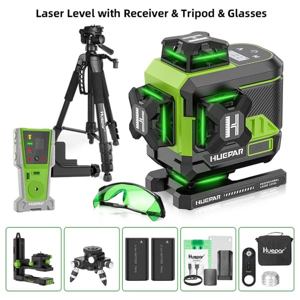 Huepar Laser Niveau, 4x360° Grøn Stråle, Fjernbetjeningsfunktion,SET-6
