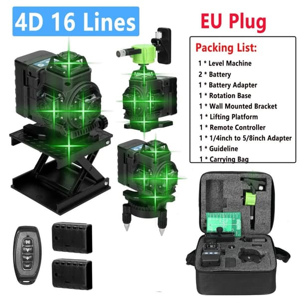 4D 16 Linjan Laseritaso, Itse Tasapainottava Tarkkuus, Kirkas Vihreä Näkyvyys,Setti 2 4D B EU Plug
