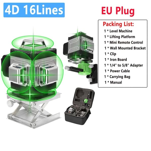 4D 16 Linjan Laseritaso, Itse Tasapainottava Tarkkuus, Kirkas Vihreä Näkyvyys,Setti 2 4D B EU Plug
