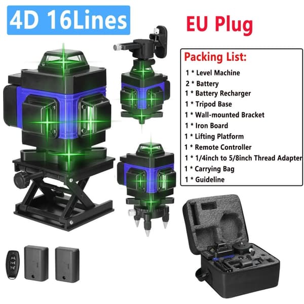 4D 16 Liners Laser Niveau, Selvnivellerende Præcision, Klar Grøn Synlighed,Sæt 2 4D B EU-stik