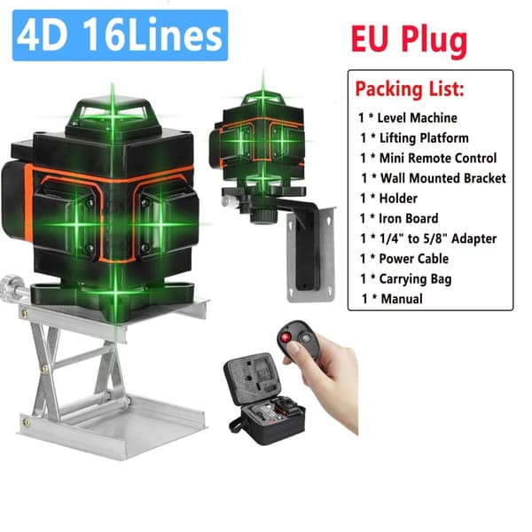 4D 16 Linjan Laseritaso, Itse Tasapainottava Tarkkuus, Kirkas Vihreä Näkyvyys,Setti 2 4D B EU Plug
