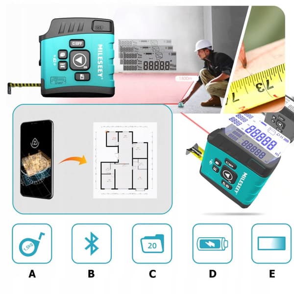 LASER-ALUEMITTAUS PUHELIN APP 40m BT LCD MITTAUSMITTAUS 5m USB