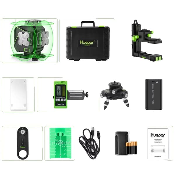 4D Laser Niveau, 360° Præcisionslinjer, Lang Driftstid,med adapter