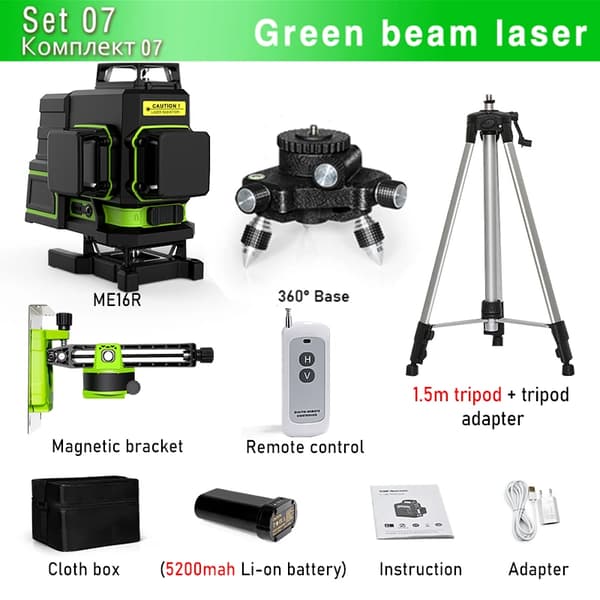 Grøn Stråle Laser Nivelleringsværktøj, 3D/4D Laserlinjer, Selv-nivelleringsfunktion,ME16R BL12 H15