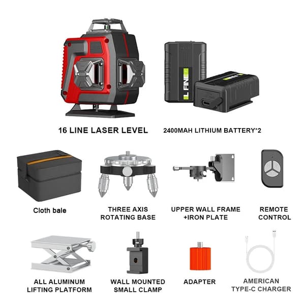 16 Liners Laser Niveau, 2400mAh Batterier, 360 Grad Dækning,Med 2x batteri (håndtaske)