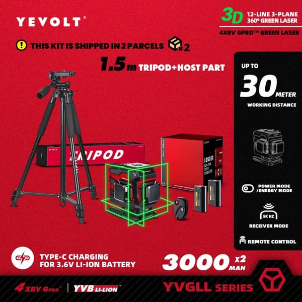 YEVOLT Grøn Laser Niveau, 12-Linjers Måling, Holdbar IP54 Beskyttelse,TP-YVGLL4XS12TP3X2