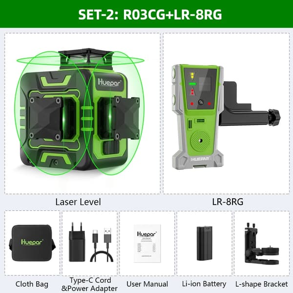 Huepar Laser Niveau, 12 Linjers Projektion, Selvnivellerende Mekanisme,R03CG-SET-2