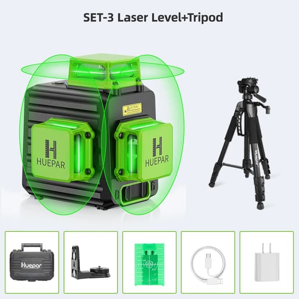 Huepar Laser Niveau, 12 Linjer Nøjagtighed, 360° Selvniveauering,SÆT-3