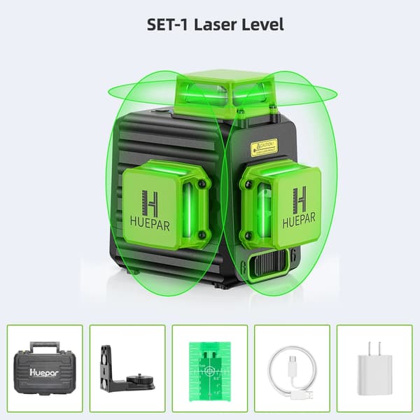 Huepar Laser Niveau, 12 Linjer Nøjagtighed, 360° Selvniveauering,SÆT-1