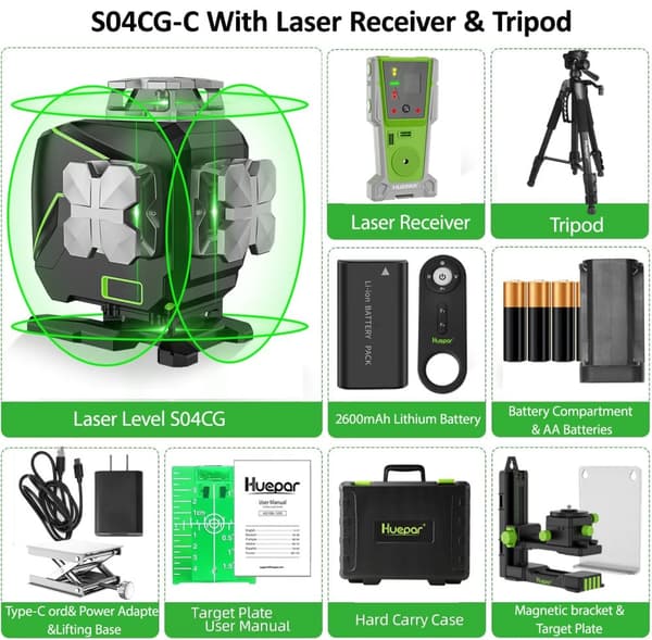 Laser Niveau, 4D 16 Linjer, LCD Skærm, Lang Arbejdstid,S04CG-C-SET-2