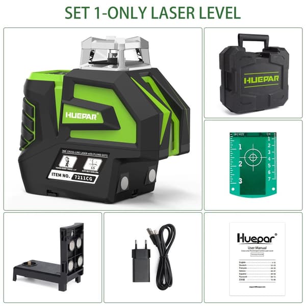 Huepar 360° Laser Niveau, 130Ft Arbejdsafstand, Høj Nøjagtighed ±1/9",Kun laserniveau