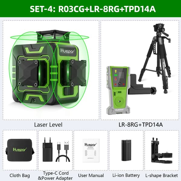 Huepar Laser Niveau, 12 Linjers Projektion, Selvnivellerende Mekanisme,R03CG-SET-4