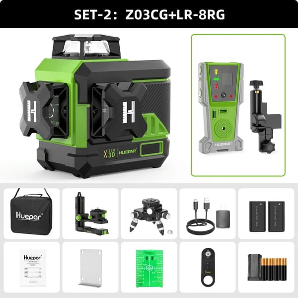 Huepar 3D Laser Niveau, Bluetooth-forbindelse, Fjernbetjeningsfunktion,Z03CG-SET-2