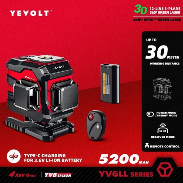 360° Krydslinje Laserniveau, 30m Rækkevidde, Holdbar og Vandtæt,YVGLL4XS12TP5x1