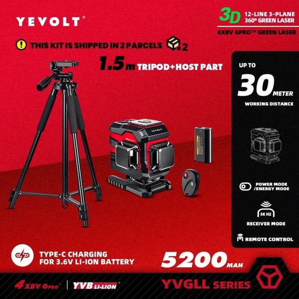 360° Krydslinje Laserniveau, 30m Rækkevidde, Holdbar og Vandtæt,TP-YVGLL4XS12TP5x1