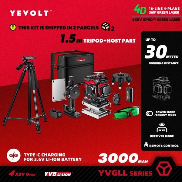 4D 360° Laser Niveau, 16-Linjers Projektion, Op til 30m Rækkevidde,TP-YVGLL4XS16B2P3x1