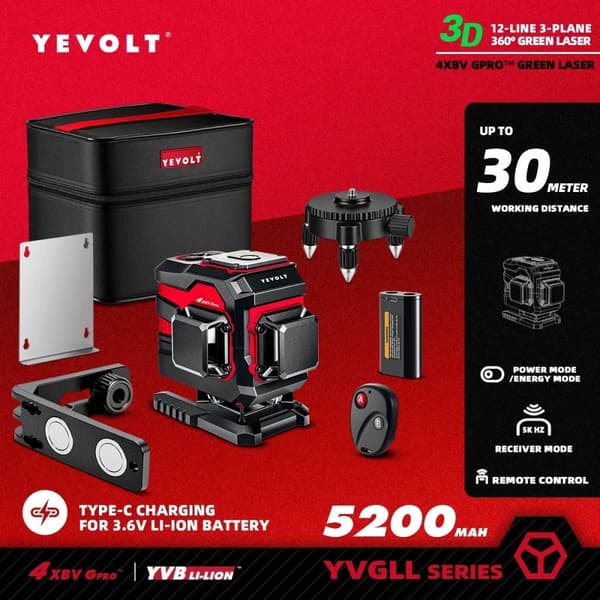 360° Laser Niveau, 12-Linje Præcision, Forlænget Rækkevidde,YVGLL4XS12TB1P5x1
