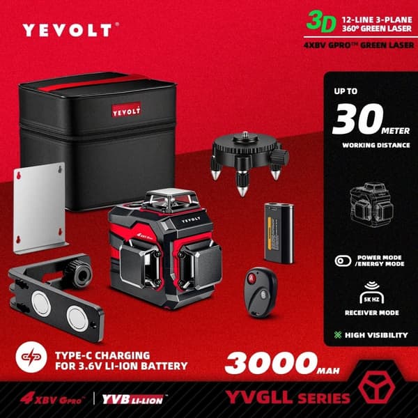 Laser Niveau, 360° Grøn Stråle, Selv-Niveauerende Teknologi,YVGLL4XS12B1P3x1