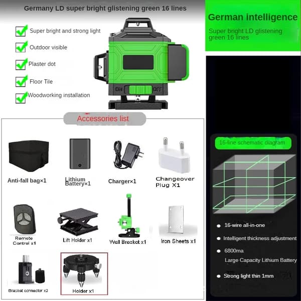 Laser Niveau, 3x360 Grøn Stråle, IP54 Vandtæt,16 linje