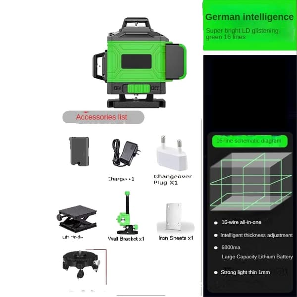 Laser Niveau, 3x360 Grøn Stråle, IP54 Vandtæt,16 linje