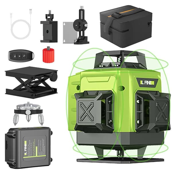 Laser Niveau, 4D Grøn Linje, Selvnivellerende, Fjernbetjening,Grøn Med 2XBatteri(handbag)