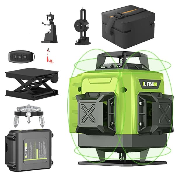 Laser Niveau, 4D Grøn Linje, Selvnivellerende, Fjernbetjening,Grøn Med 2XBatteri(handbag)