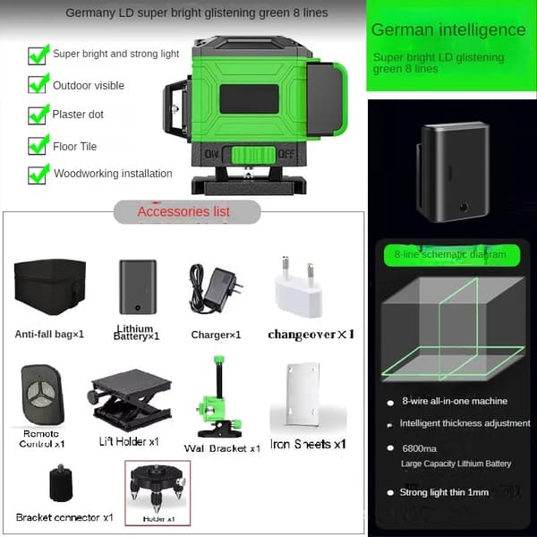 Laser-taso, 3x360 vihreä säde, IP54 vesitiivis,8 rivi