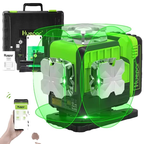Laser Niveau, 4D 16 Linjer, Selvnivellerende, Grøn Stråle, Bluetooth Fjernbetjening, Li-Ion Batteri, Hård Transportkasse, Laser Modtager,DYB BLÅ