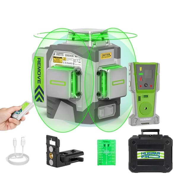 Huepar 3D Laser Tasoitin, Korkea Tarkkuus ±2mm/10m, Pitkä Käyttöaika,Vastaanottimen kanssa