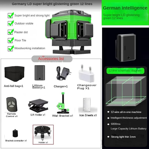 4D Laser Niveau, 16 Linjer, IP54 Klassificeret,12 Linje med Holder