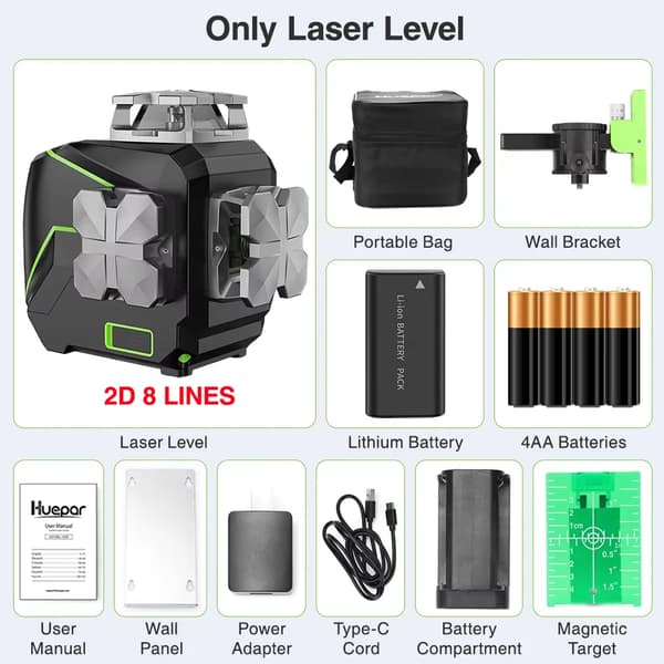 Laser-taso, 8 vihreää laserviivaa, IP54 vesitiivis,Vain laser-taso