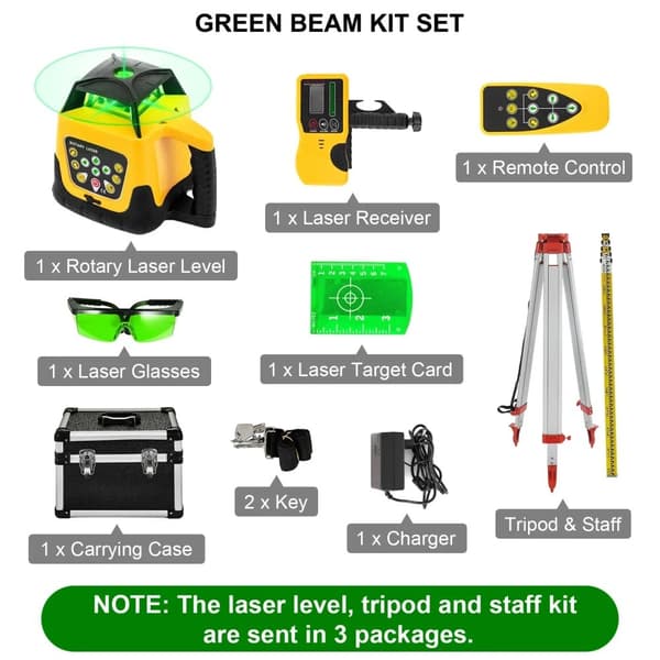 Rotary Laser Level, 360-Graders Skanning, Självnivellerande Funktion,Grön Stråle Kit Set 3