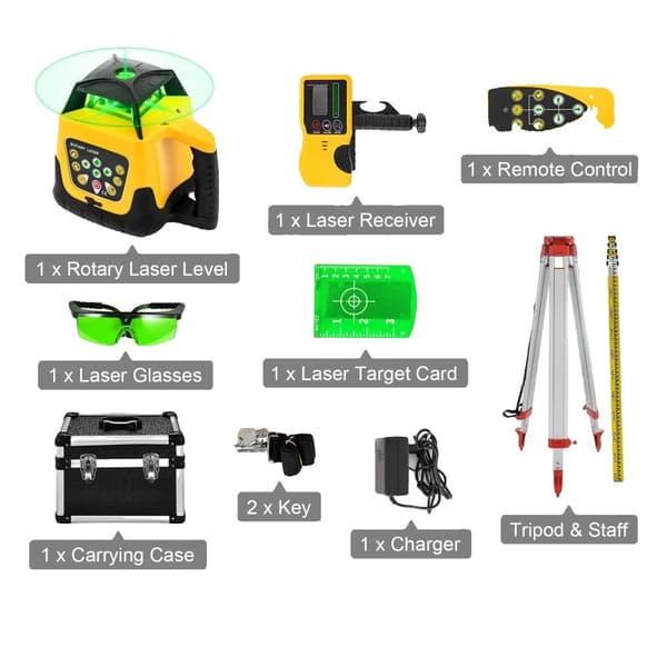Rotary Laser Level, 360-Graders Skanning, Självnivellerande Funktion,Grön Stråle Kit Set 3