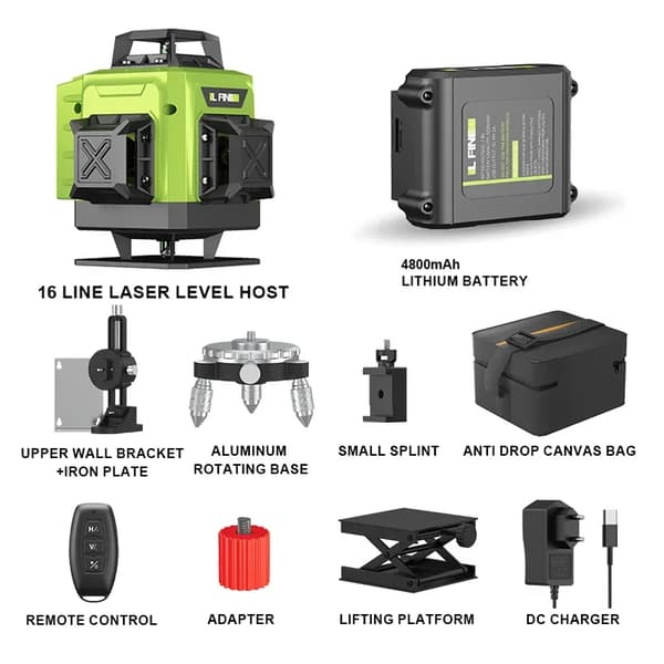16 Liners Laser Niveau, Selvnivellerende Tilstand, Fjernbetjening,4D 16Linjer