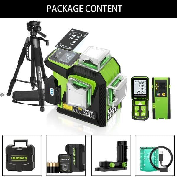 Huepar Laser Level, ±2mm Tarkkuus, 3D Ristiviiva Projektio,HX03CG Set