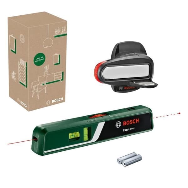 Bosch EasyLevel -spirilaservaa'alla ja seinäkiinnikkeellä (laserviiva joustavaan kohdistamiseen seinille ja laserpisteeseen)