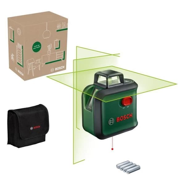 Bosch AdvancedLevel 360 -linjalaser (3-linjainen laser 360°:n laserilla koko huoneen suuntaamiseen, laatikossa) musta, Vihreä