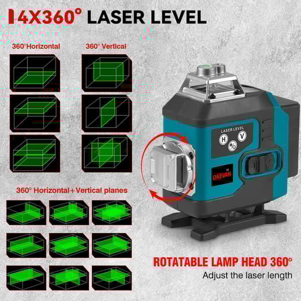 Lasernivå horisontell och vertikal 16-linjers 4D grön digital display med 2 batterier och stativ