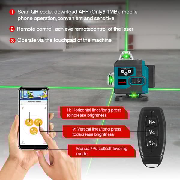 Lasernivå horisontell och vertikal 16-linjers 4D grön digital display med 2 batterier och stativ
