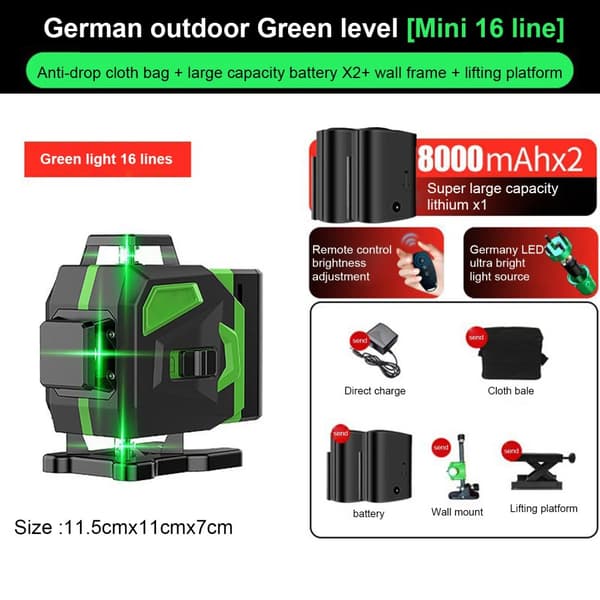Laser Niveau, 16 Linjer, Vertikale & Horisontale Lasere, 360-Grad Auto-Niveauering,MULTI